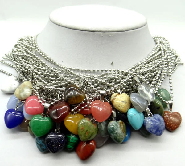 Natural Stone 16mm Turquoise Quartz Crystal Tiger Eye Opal Charms Heart Shaped Pendant For DIY Stainless Steel Necklace Jewelry