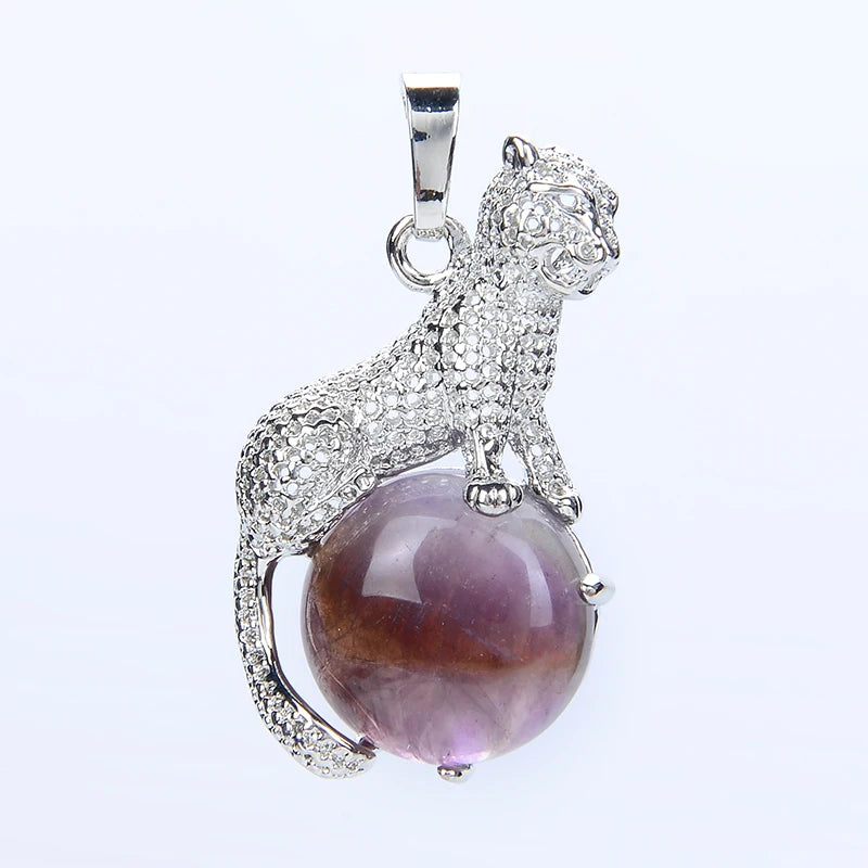 New Arrival Fashion 1pc Natural Tiger eye Stone Pink Crystal Copper Animal Leopard Pendants For Necklaces Women Charm Jewelry