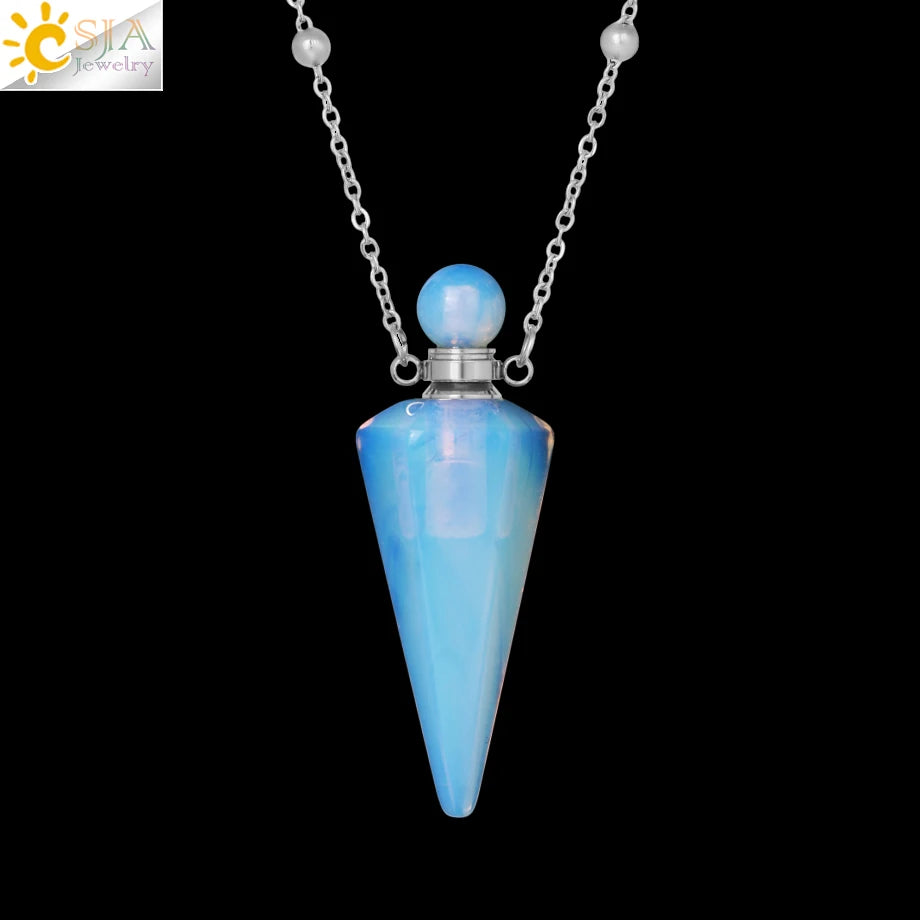 Natural Stone Cone Perfume Bottle necklace Healing Clear Quartz Crystal Pendant Reiki Essentials Oil Diffuser Vial Necklace H119