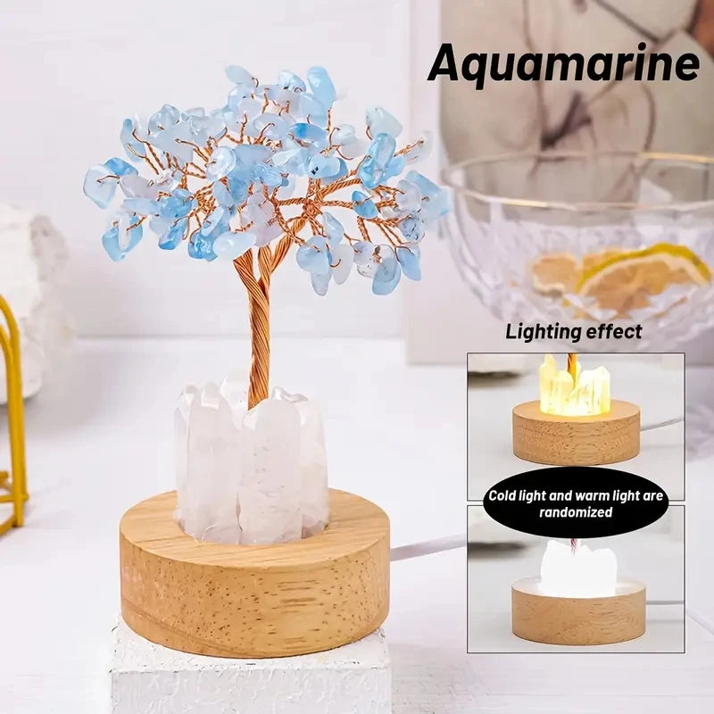 1pc Natural Crystal Chip Tree Clear Quartz Single Crystal Base USB Port Decorative Bedside Ambiance Nightlight  Home Decoration