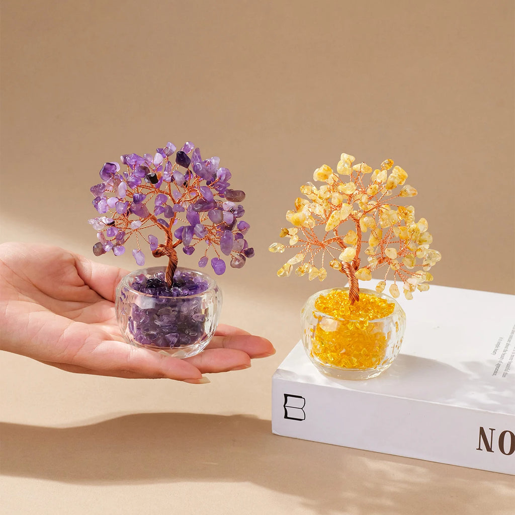 1pc Natural Crystal Money Tree Ornament Feng Shui Wealth Tree with Gemstone Abundance Bowl for Home Office Decoration