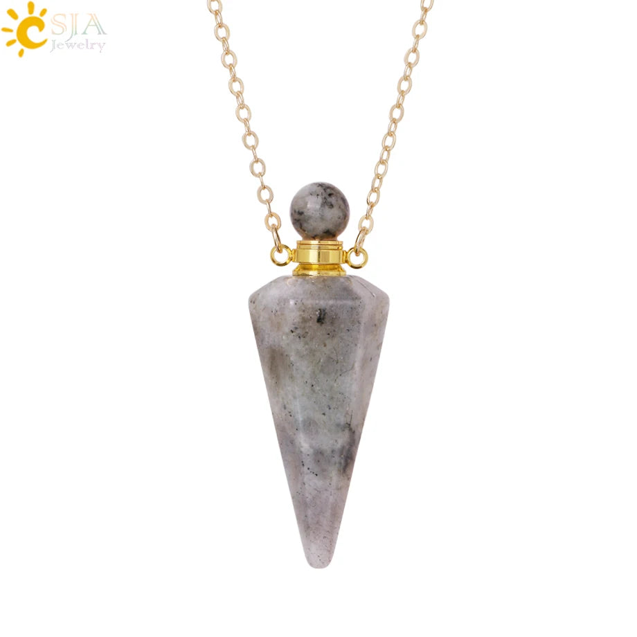 Natural Stone Cone Perfume Bottle necklace Healing Clear Quartz Crystal Pendant Reiki Essentials Oil Diffuser Vial Necklace H119