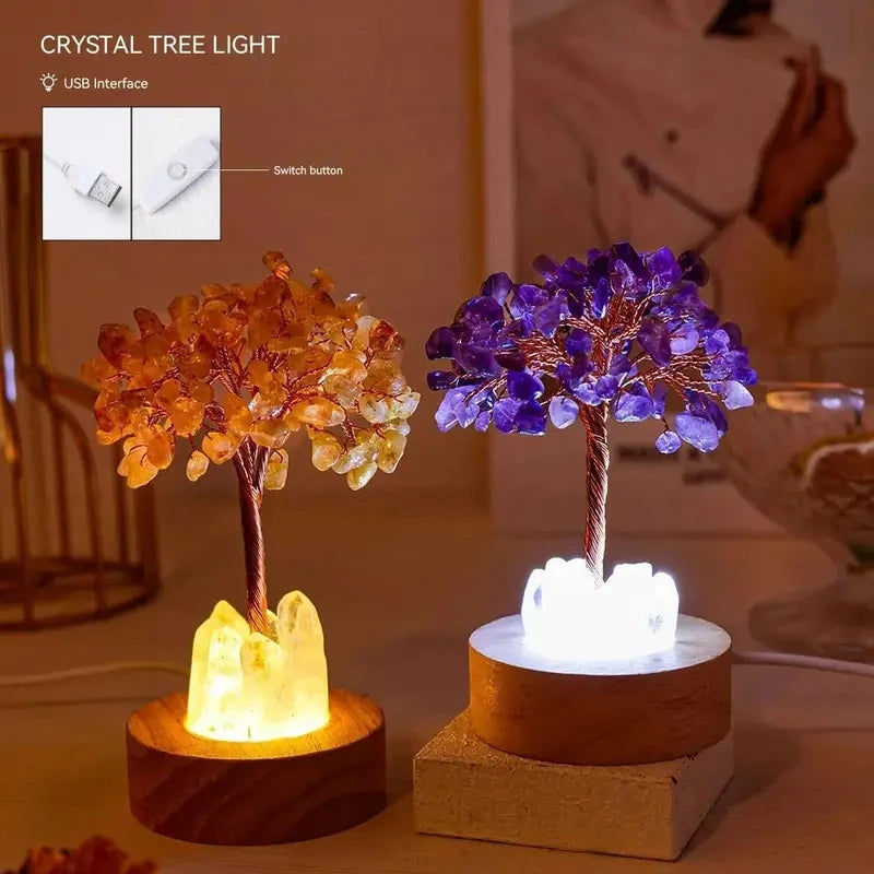 1pc Natural Crystal Chip Tree Clear Quartz Single Crystal Base USB Port Decorative Bedside Ambiance Nightlight  Home Decoration