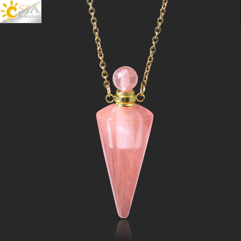 Natural Stone Cone Perfume Bottle necklace Healing Clear Quartz Crystal Pendant Reiki Essentials Oil Diffuser Vial Necklace H119