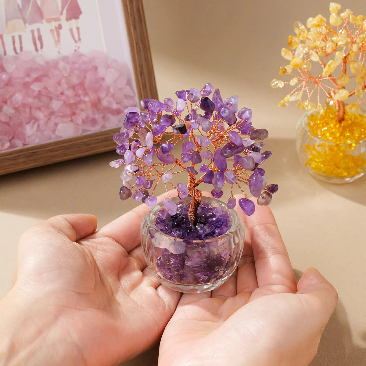 1pc Natural Crystal Money Tree Ornament Feng Shui Wealth Tree with Gemstone Abundance Bowl for Home Office Decoration