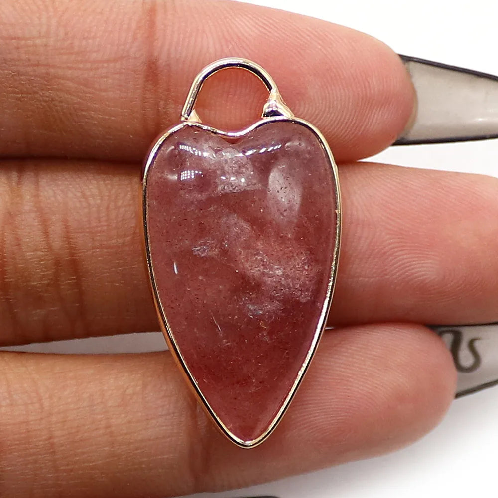 Natural Semi-precious Stone Heart Shape Pendants Gilt-edged Parcel Amethyst Rose Quartz Tiger Eye Stone Charms Accessory 1 Pc