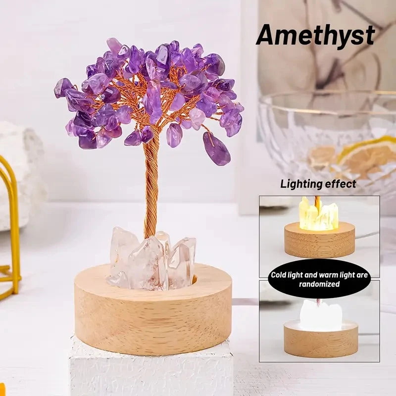 1pc Natural Crystal Chip Tree Clear Quartz Single Crystal Base USB Port Decorative Bedside Ambiance Nightlight  Home Decoration