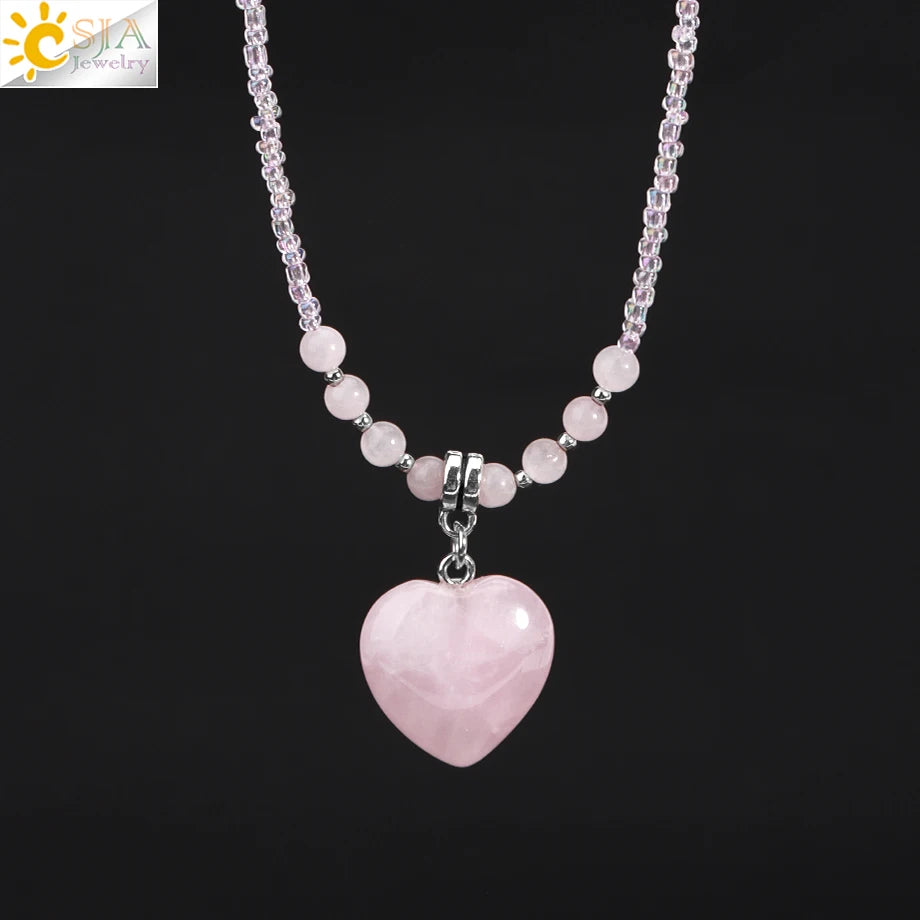 CSJA Heart Quartz Pendant Necklace for Women Healing Natural Stone Amethysts Crystal Charm Glass Bead Choker Christmas Gift T024