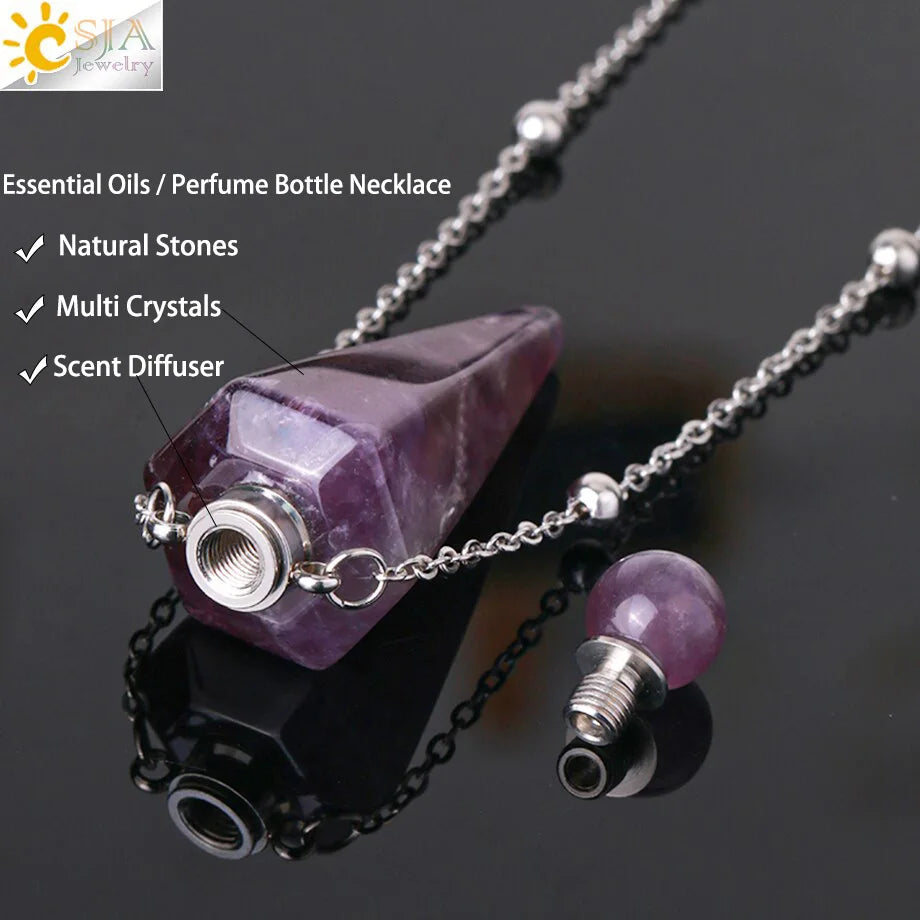 Natural Stone Cone Perfume Bottle necklace Healing Clear Quartz Crystal Pendant Reiki Essentials Oil Diffuser Vial Necklace H119
