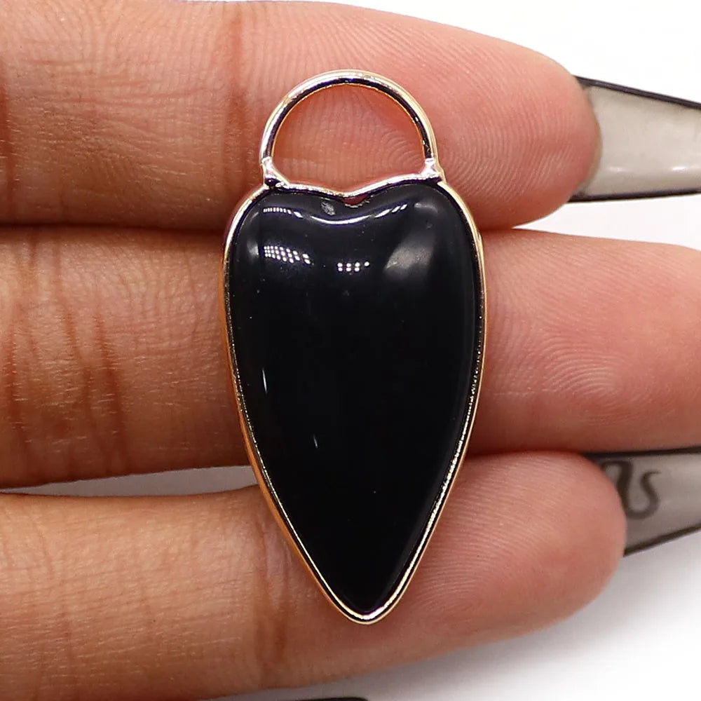 Natural Semi-precious Stone Heart Shape Pendants Gilt-edged Parcel Amethyst Rose Quartz Tiger Eye Stone Charms Accessory 1 Pc