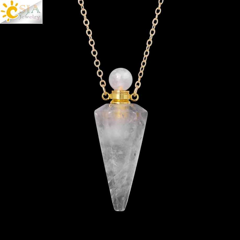 Natural Stone Cone Perfume Bottle necklace Healing Clear Quartz Crystal Pendant Reiki Essentials Oil Diffuser Vial Necklace H119