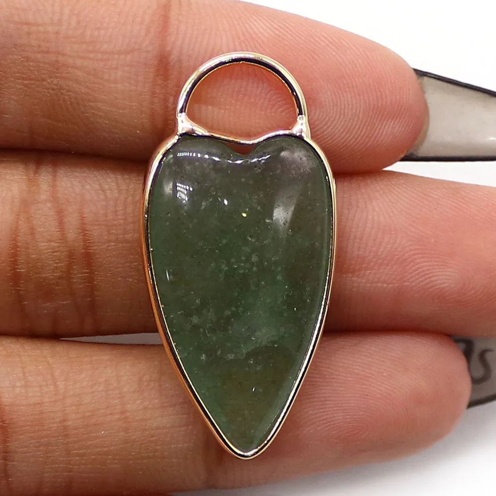 Natural Semi-precious Stone Heart Shape Pendants Gilt-edged Parcel Amethyst Rose Quartz Tiger Eye Stone Charms Accessory 1 Pc