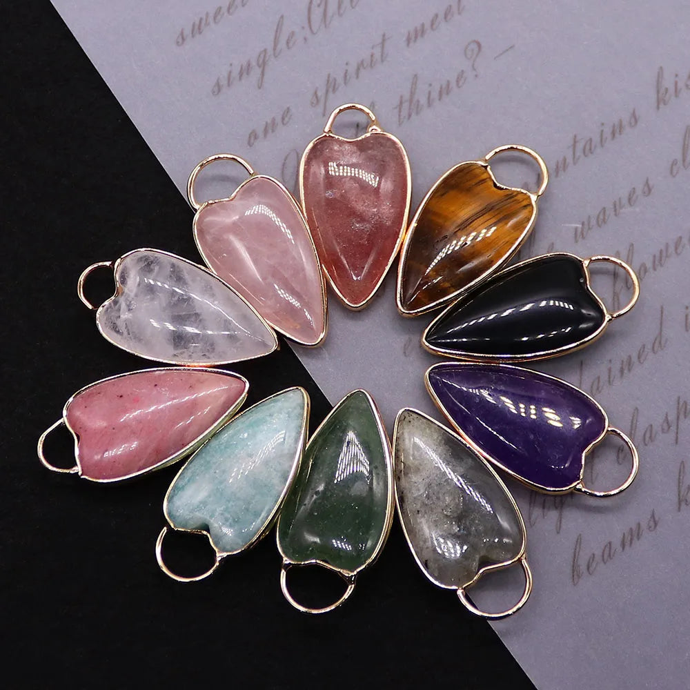 Natural Semi-precious Stone Heart Shape Pendants Gilt-edged Parcel Amethyst Rose Quartz Tiger Eye Stone Charms Accessory 1 Pc