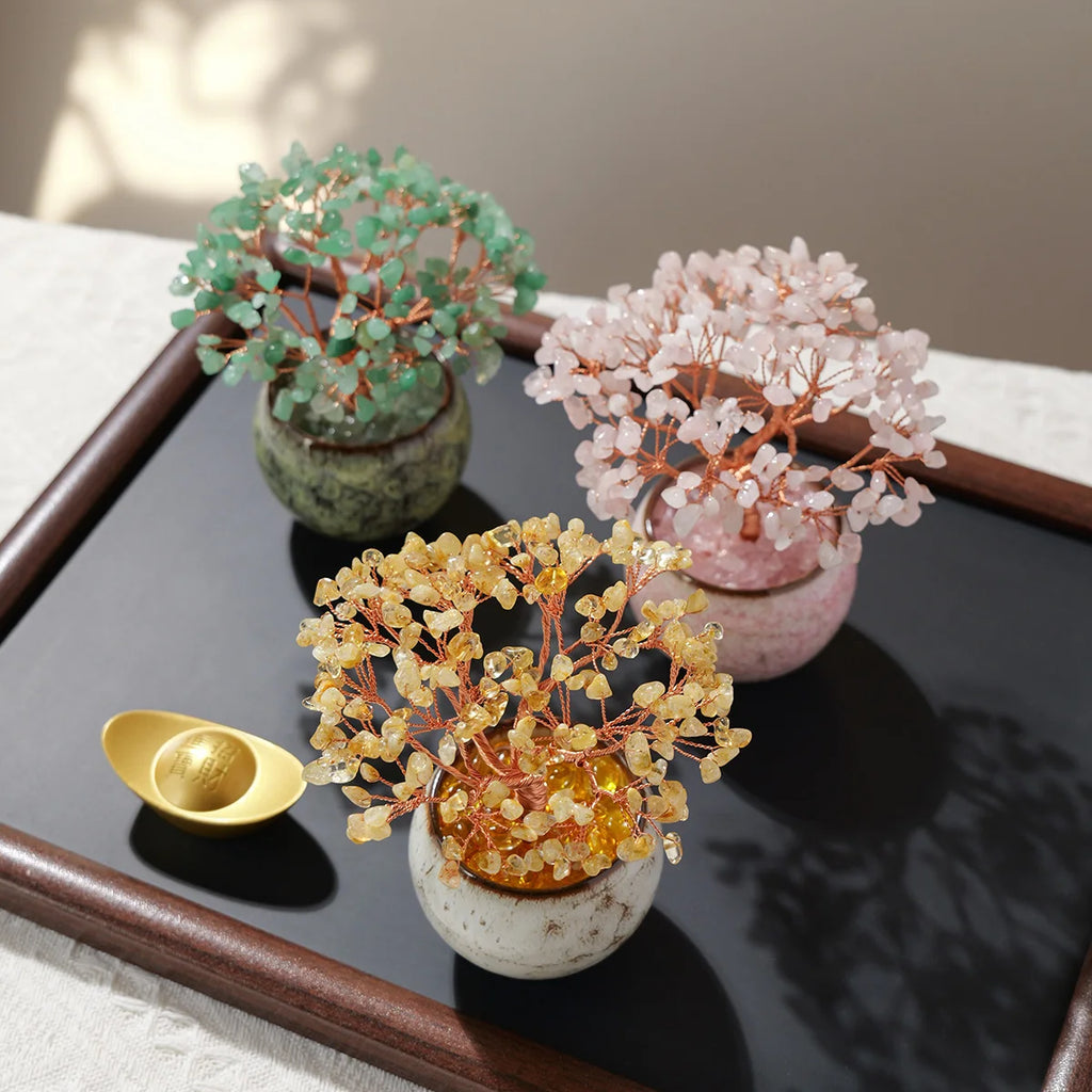 1PC Natural Crystal Tree Energy Stone Money Tree Feng Shui Decor Copper Wire Wrapped Tea Cup Yoga Home Decor
