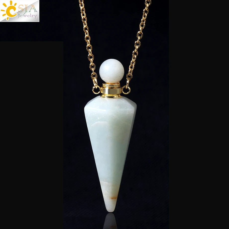 Natural Stone Cone Perfume Bottle necklace Healing Clear Quartz Crystal Pendant Reiki Essentials Oil Diffuser Vial Necklace H119
