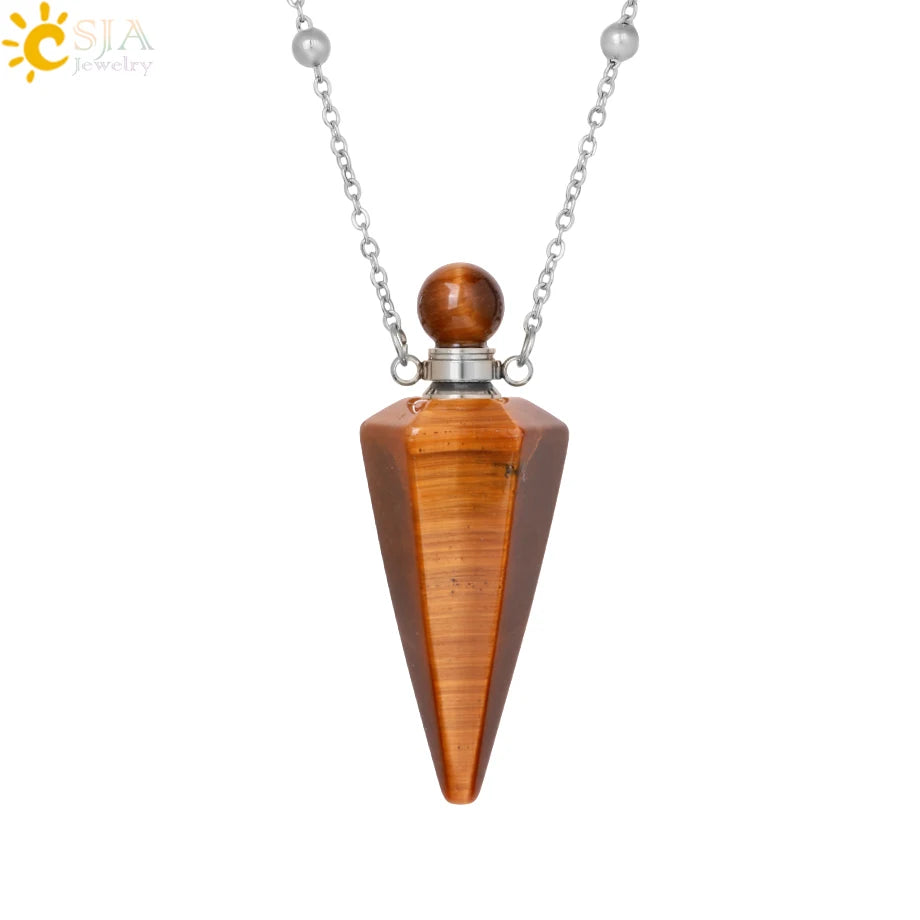 Natural Stone Cone Perfume Bottle necklace Healing Clear Quartz Crystal Pendant Reiki Essentials Oil Diffuser Vial Necklace H119