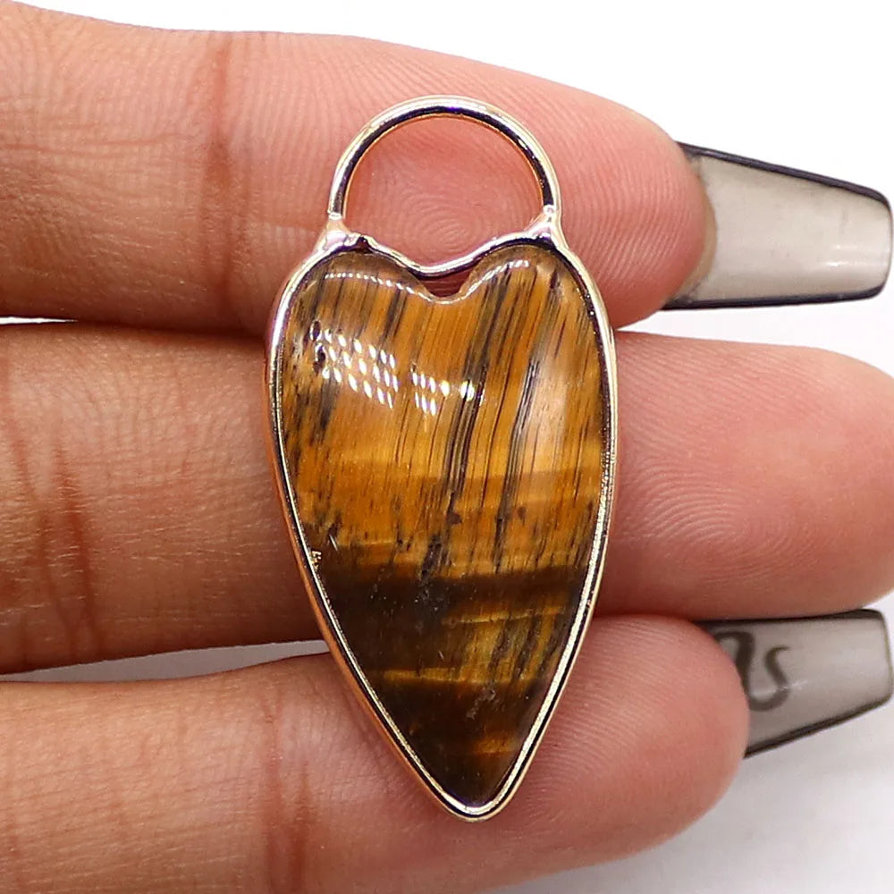 Natural Semi-precious Stone Heart Shape Pendants Gilt-edged Parcel Amethyst Rose Quartz Tiger Eye Stone Charms Accessory 1 Pc
