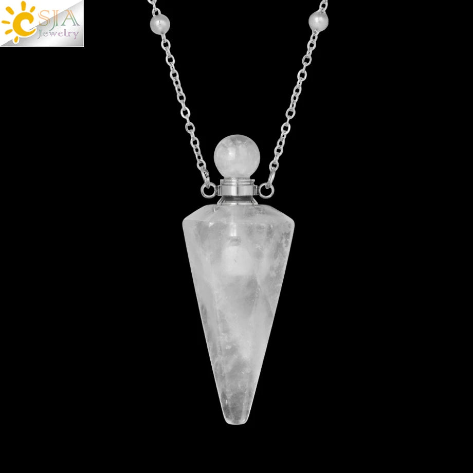 Natural Stone Cone Perfume Bottle necklace Healing Clear Quartz Crystal Pendant Reiki Essentials Oil Diffuser Vial Necklace H119