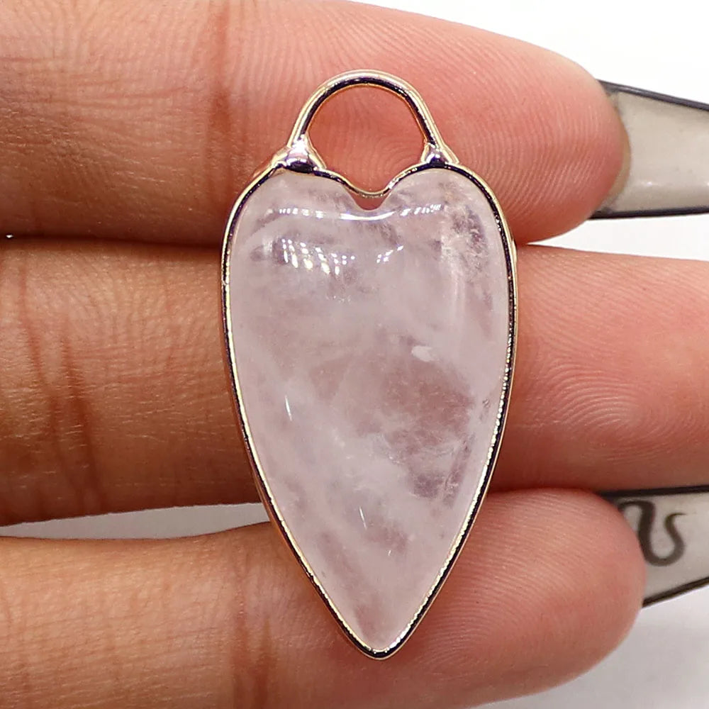 Natural Semi-precious Stone Heart Shape Pendants Gilt-edged Parcel Amethyst Rose Quartz Tiger Eye Stone Charms Accessory 1 Pc
