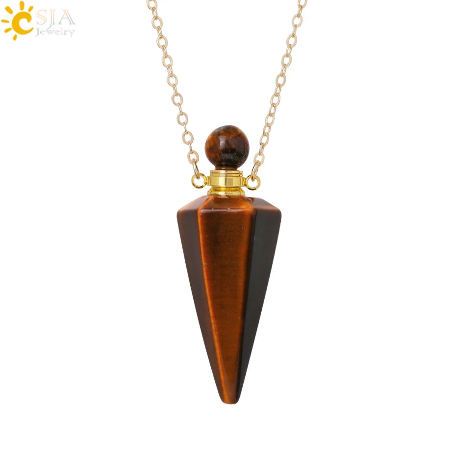Natural Stone Cone Perfume Bottle necklace Healing Clear Quartz Crystal Pendant Reiki Essentials Oil Diffuser Vial Necklace H119