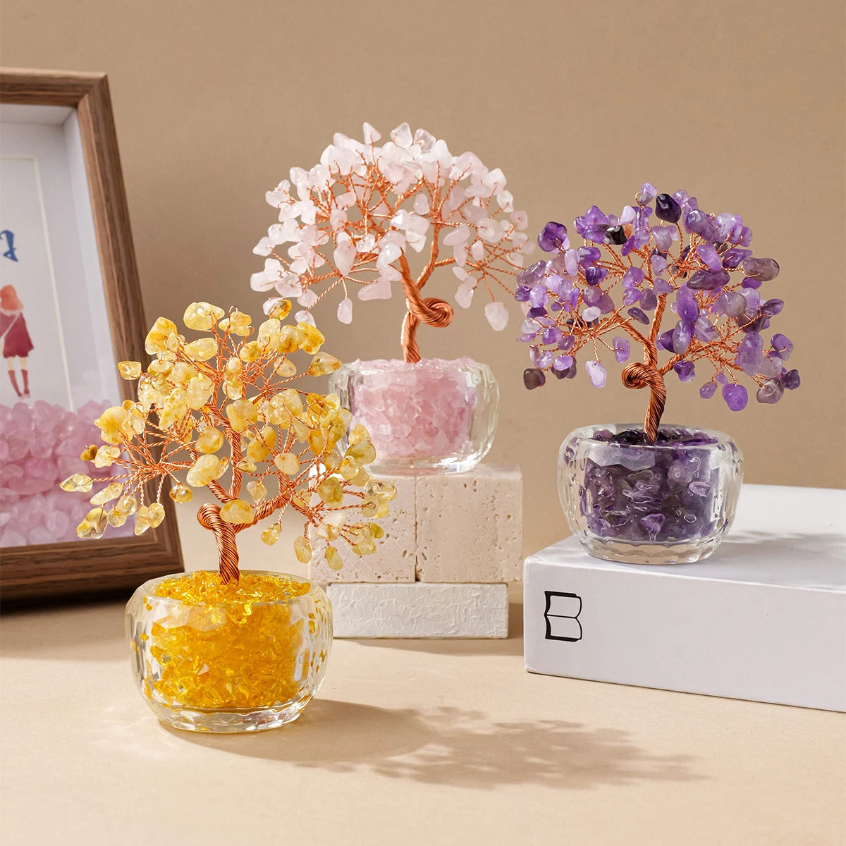 1pc Natural Crystal Money Tree Ornament Feng Shui Wealth Tree with Gemstone Abundance Bowl for Home Office Decoration