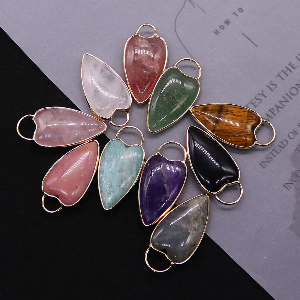 Natural Semi-precious Stone Heart Shape Pendants Gilt-edged Parcel Amethyst Rose Quartz Tiger Eye Stone Charms Accessory 1 Pc