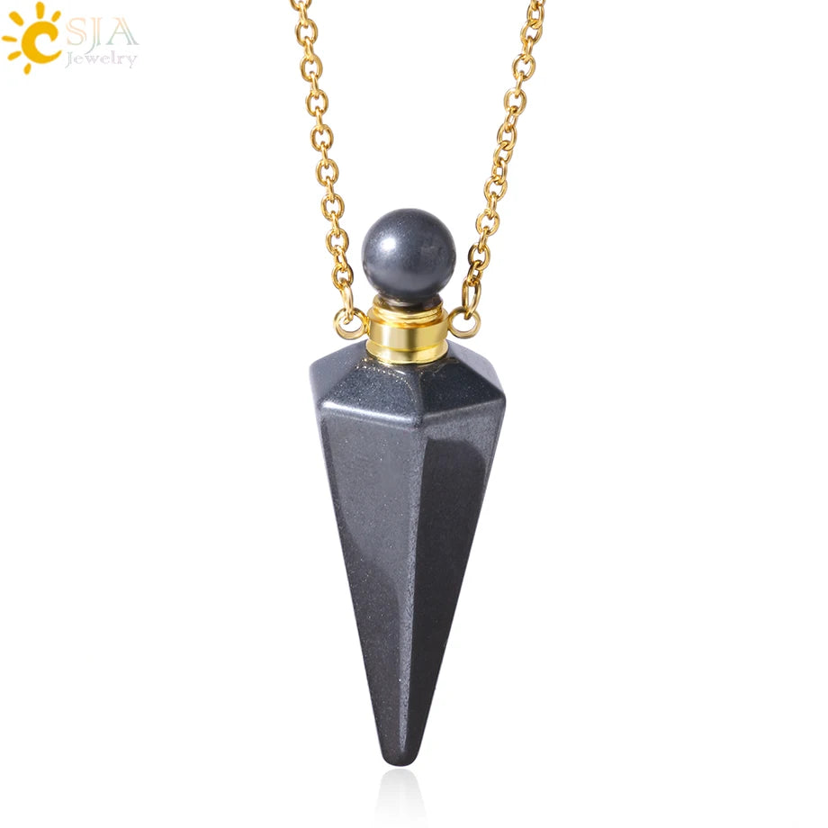 Natural Stone Cone Perfume Bottle necklace Healing Clear Quartz Crystal Pendant Reiki Essentials Oil Diffuser Vial Necklace H119