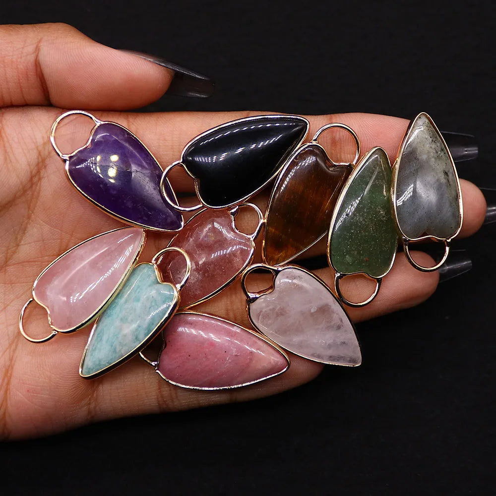 Natural Semi-precious Stone Heart Shape Pendants Gilt-edged Parcel Amethyst Rose Quartz Tiger Eye Stone Charms Accessory 1 Pc