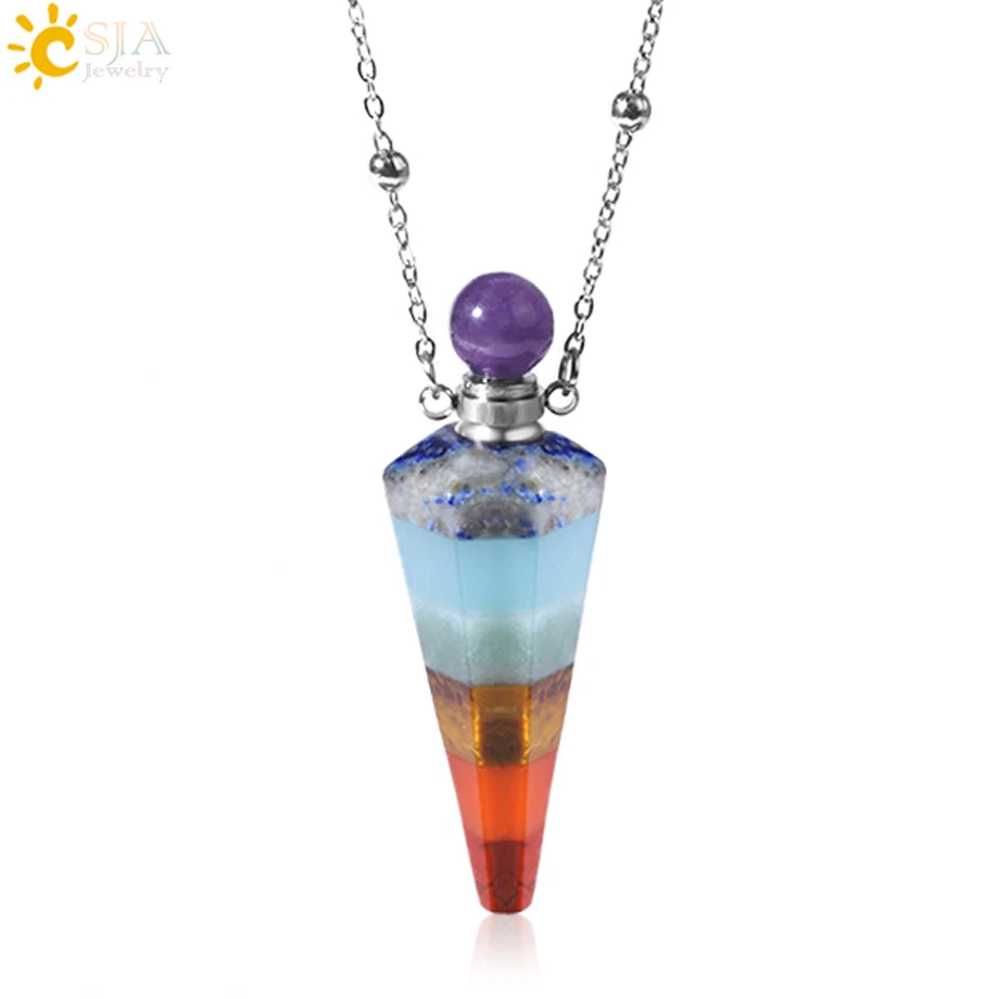 Natural Stone Cone Perfume Bottle necklace Healing Clear Quartz Crystal Pendant Reiki Essentials Oil Diffuser Vial Necklace H119