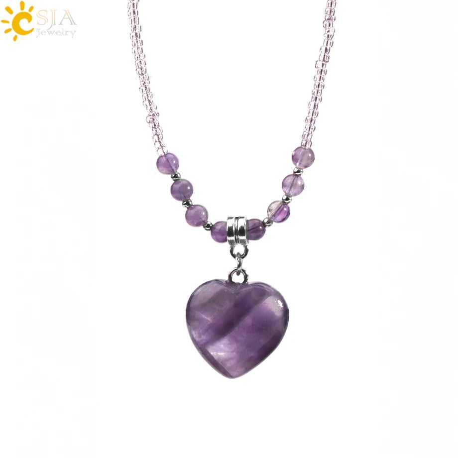 CSJA Heart Quartz Pendant Necklace for Women Healing Natural Stone Amethysts Crystal Charm Glass Bead Choker Christmas Gift T024