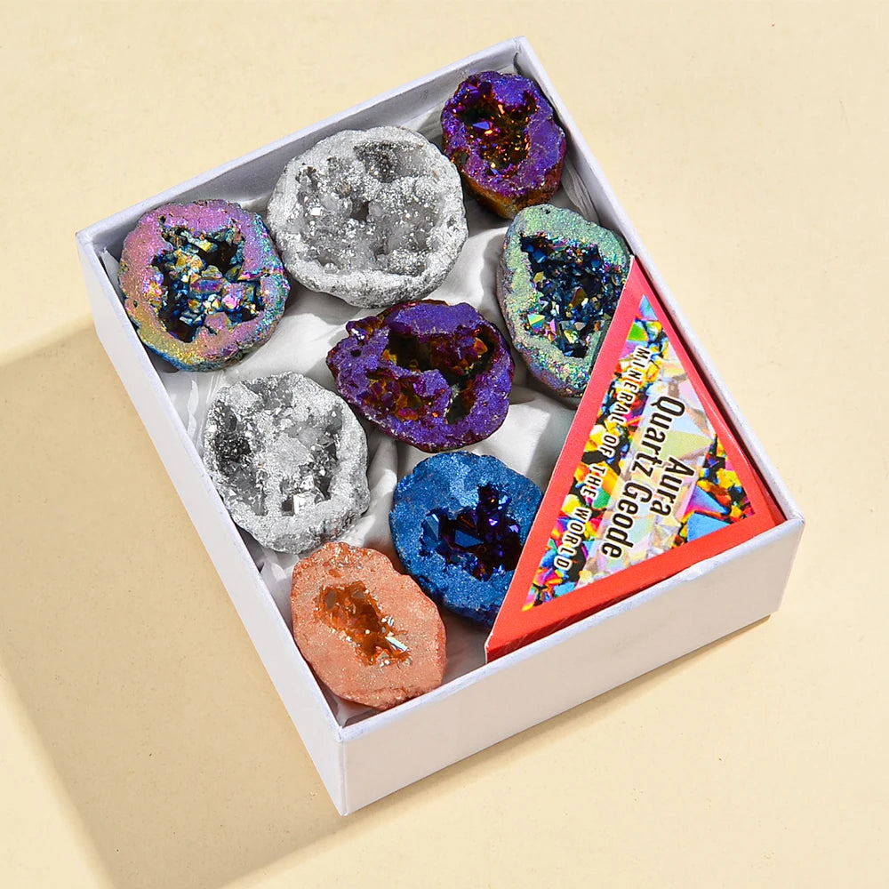 8PCS/Box Titanium Coated Natural Crystal Cluster Electroplated Agate Geode, Energy Balance Reiki Wicca Home Decor