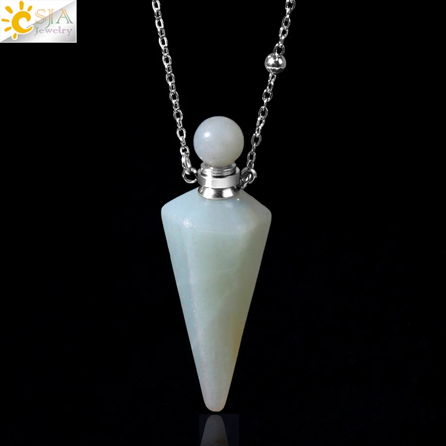 Natural Stone Cone Perfume Bottle necklace Healing Clear Quartz Crystal Pendant Reiki Essentials Oil Diffuser Vial Necklace H119
