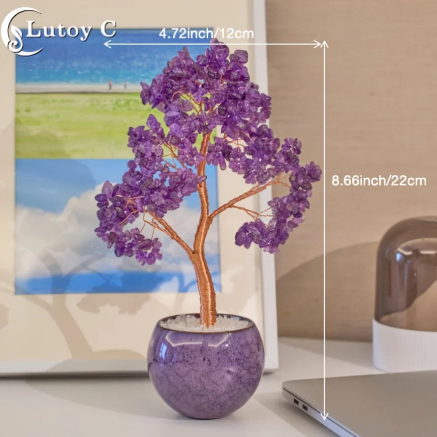 Amethyst Crystal Tree Of Life In Ceramic Pot, Handmade Feng Shui Decor, Reiki Healing Ornament, Home Decor Gift For Her