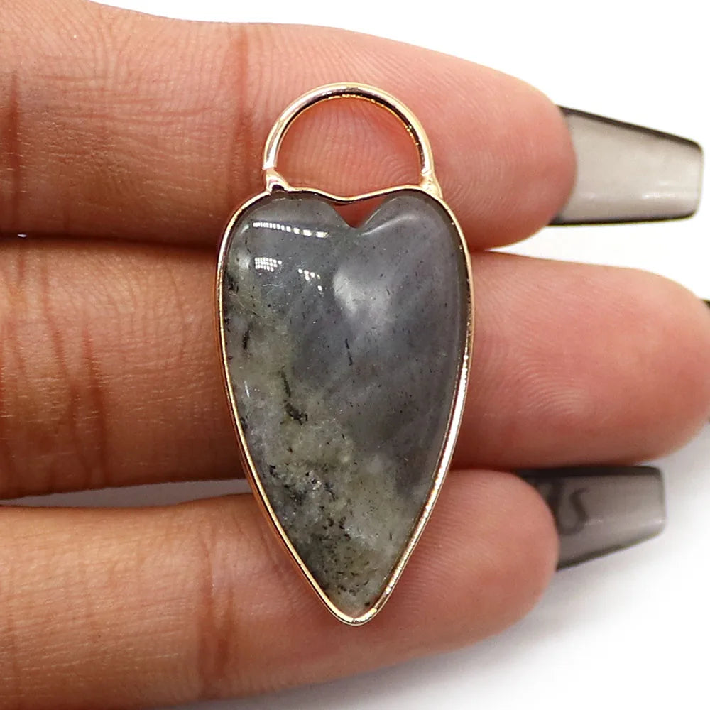 Natural Semi-precious Stone Heart Shape Pendants Gilt-edged Parcel Amethyst Rose Quartz Tiger Eye Stone Charms Accessory 1 Pc
