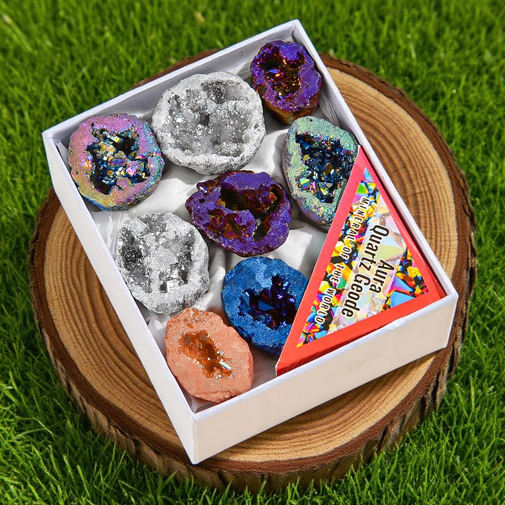 8PCS/Box Titanium Coated Natural Crystal Cluster Electroplated Agate Geode, Energy Balance Reiki Wicca Home Decor