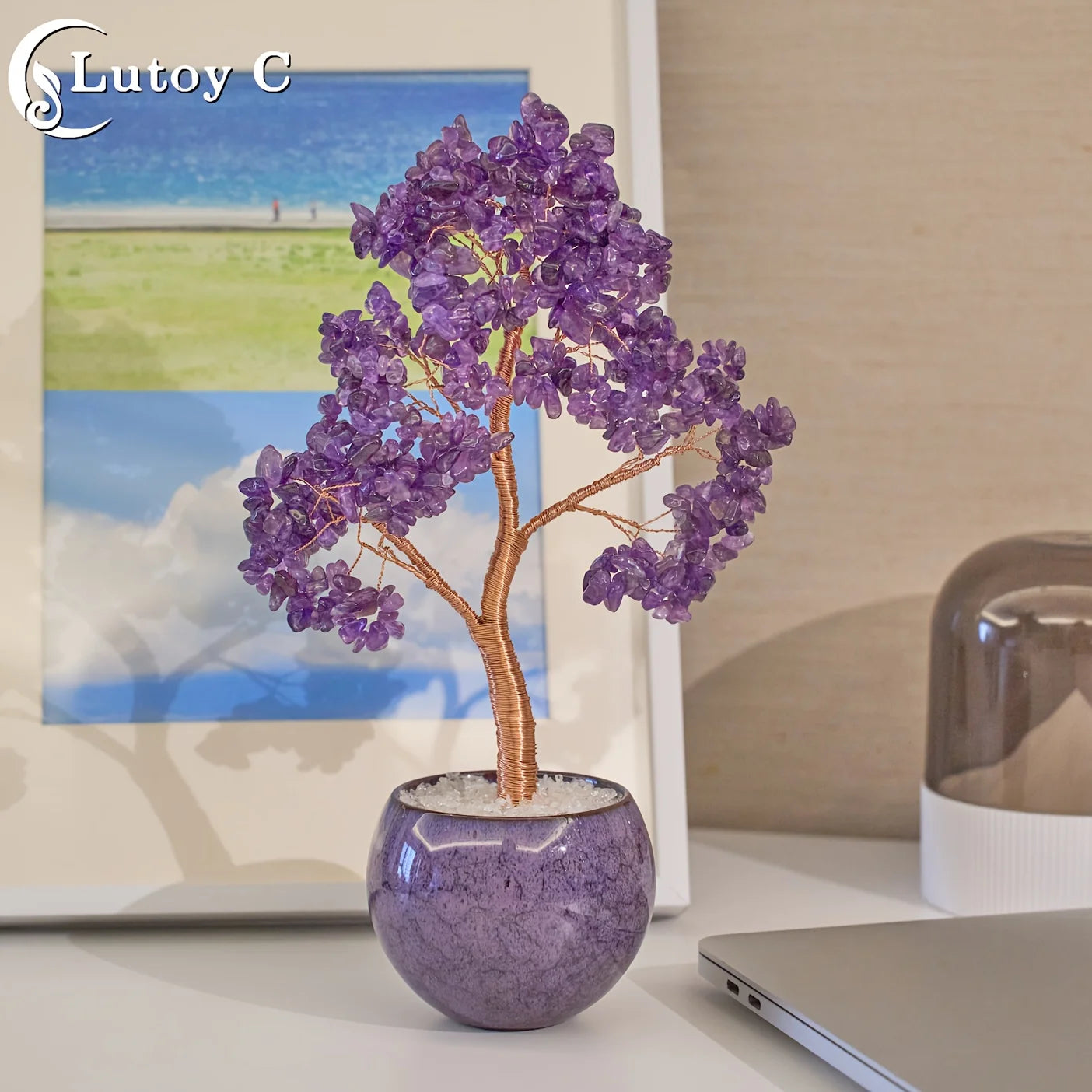 Amethyst Crystal Tree Of Life In Ceramic Pot, Handmade Feng Shui Decor, Reiki Healing Ornament, Home Decor Gift For Her