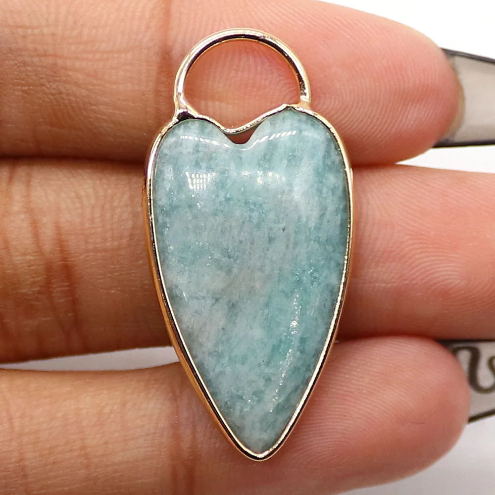 Natural Semi-precious Stone Heart Shape Pendants Gilt-edged Parcel Amethyst Rose Quartz Tiger Eye Stone Charms Accessory 1 Pc