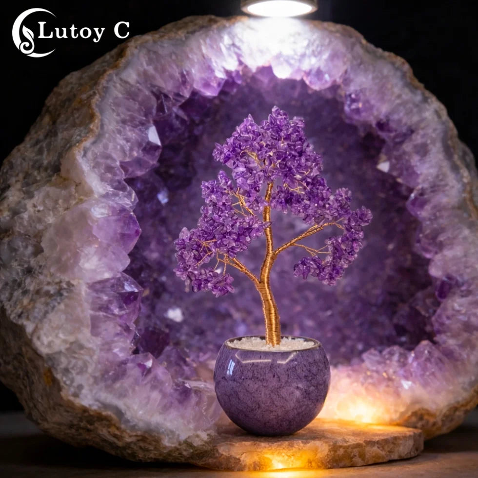 Amethyst Crystal Tree Of Life In Ceramic Pot, Handmade Feng Shui Decor, Reiki Healing Ornament, Home Decor Gift For Her