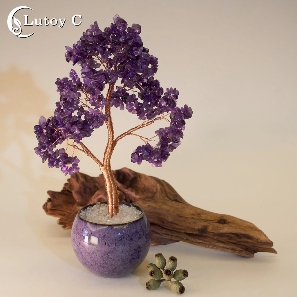 Amethyst Crystal Tree Of Life In Ceramic Pot, Handmade Feng Shui Decor, Reiki Healing Ornament, Home Decor Gift For Her
