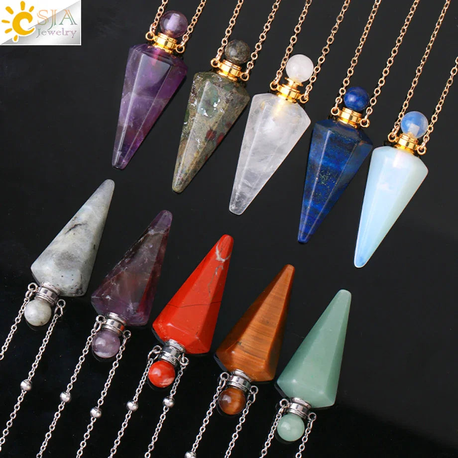 Natural Stone Cone Perfume Bottle necklace Healing Clear Quartz Crystal Pendant Reiki Essentials Oil Diffuser Vial Necklace H119