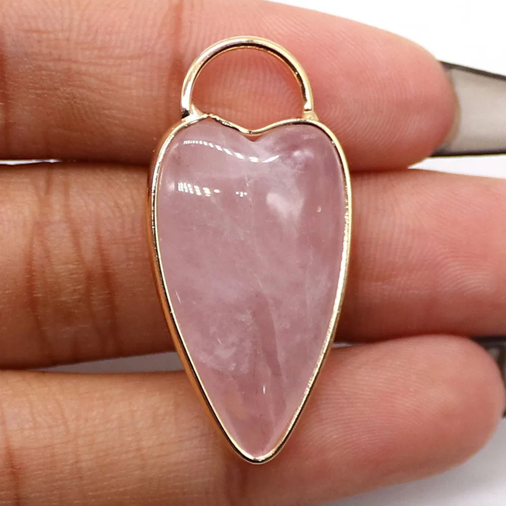 Natural Semi-precious Stone Heart Shape Pendants Gilt-edged Parcel Amethyst Rose Quartz Tiger Eye Stone Charms Accessory 1 Pc