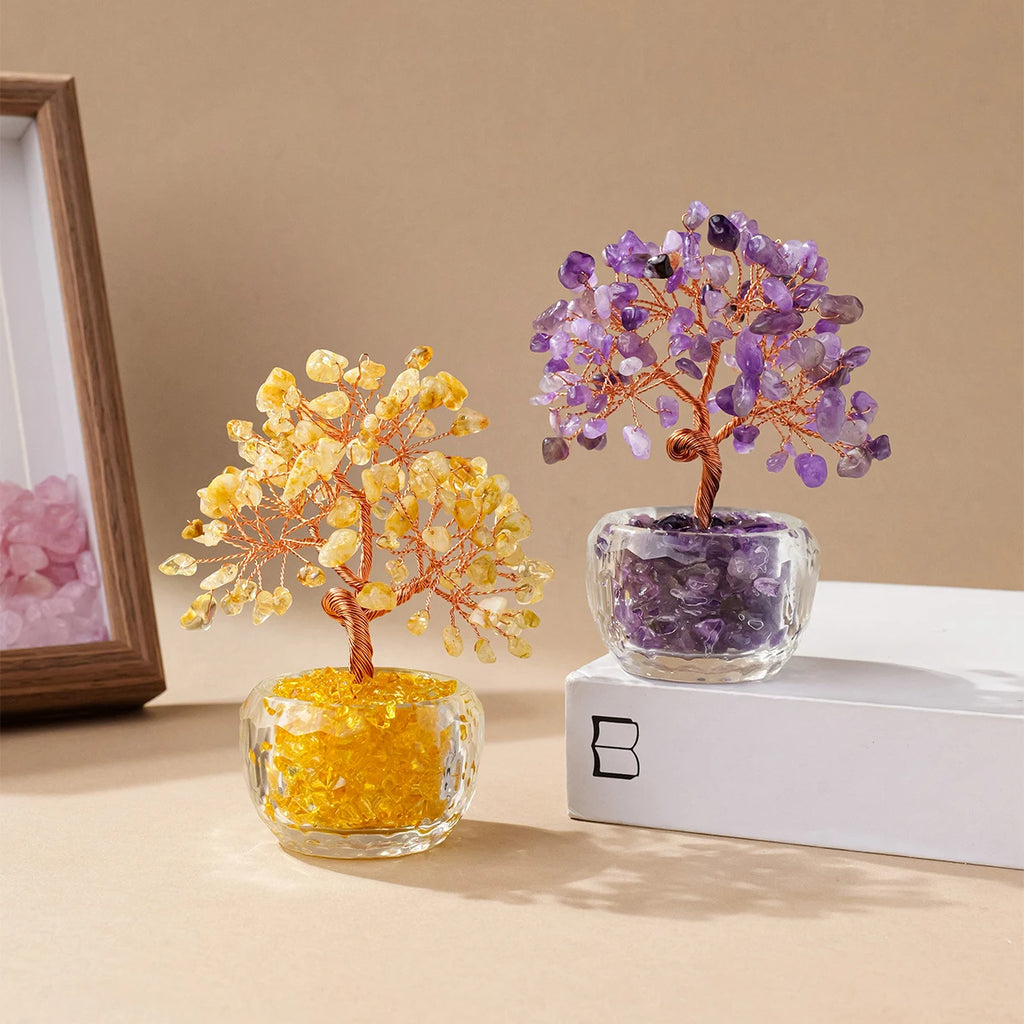 1pc Natural Crystal Money Tree Ornament Feng Shui Wealth Tree with Gemstone Abundance Bowl for Home Office Decoration