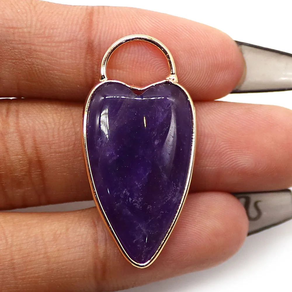 Natural Semi-precious Stone Heart Shape Pendants Gilt-edged Parcel Amethyst Rose Quartz Tiger Eye Stone Charms Accessory 1 Pc