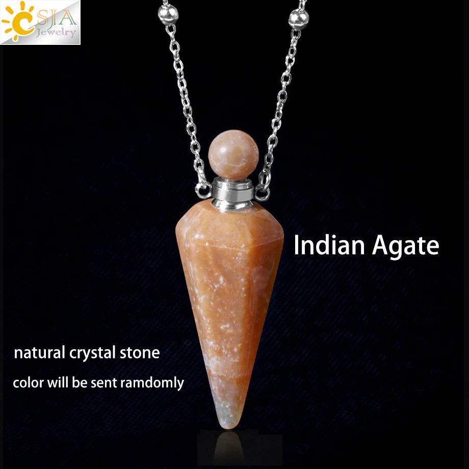 Natural Stone Cone Perfume Bottle necklace Healing Clear Quartz Crystal Pendant Reiki Essentials Oil Diffuser Vial Necklace H119