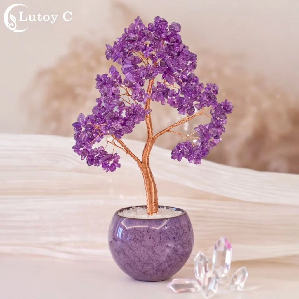 Amethyst Crystal Tree Of Life In Ceramic Pot, Handmade Feng Shui Decor, Reiki Healing Ornament, Home Decor Gift For Her