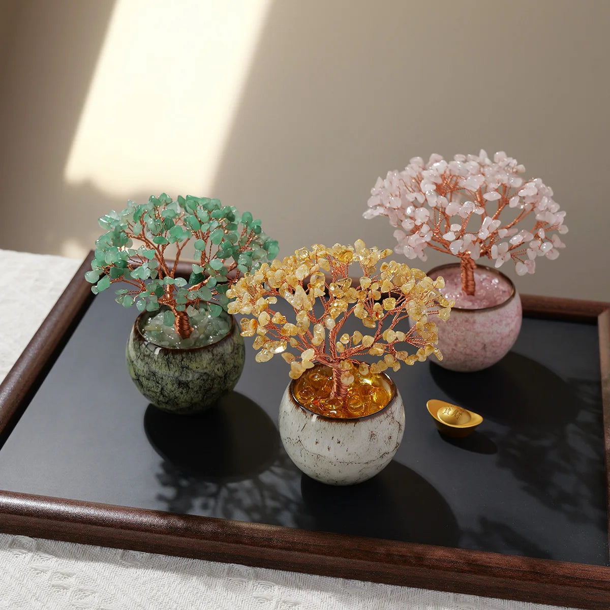 1PC Natural Crystal Tree Energy Stone Money Tree Feng Shui Decor Copper Wire Wrapped Tea Cup Yoga Home Decor