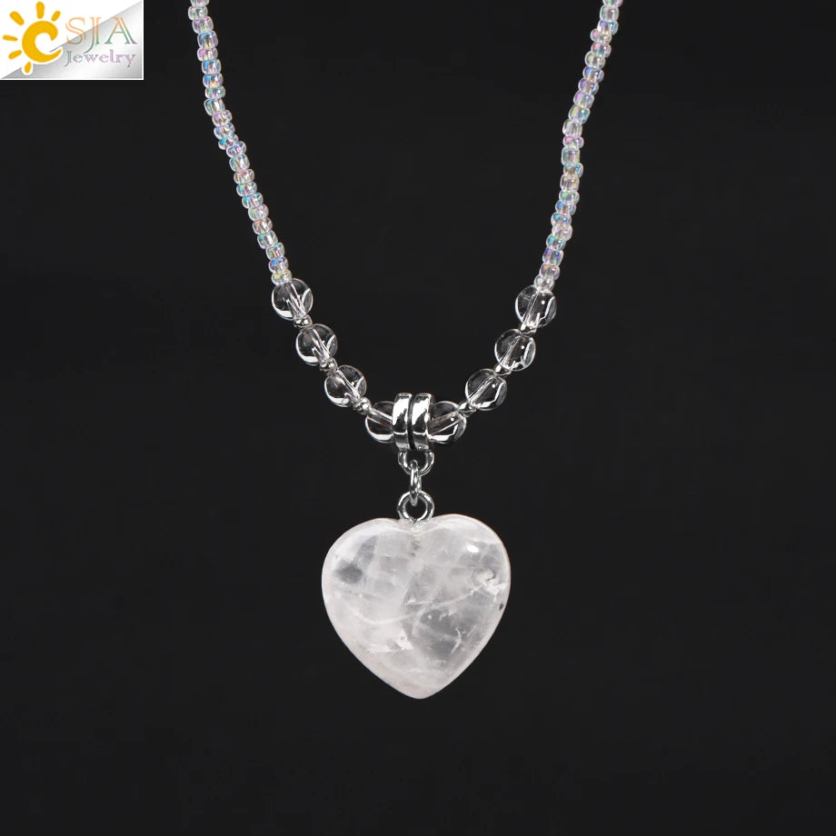 CSJA Heart Quartz Pendant Necklace for Women Healing Natural Stone Amethysts Crystal Charm Glass Bead Choker Christmas Gift T024